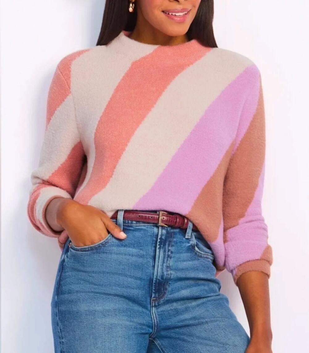 Tribal Jeans Apricot Mist Striped Double Knit Mock Neck Sweater